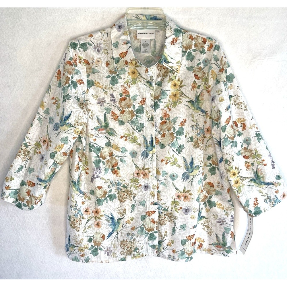 Alfred Dunner Women's Floral Hummingbird Print Blouse Small Nature Cottagecore